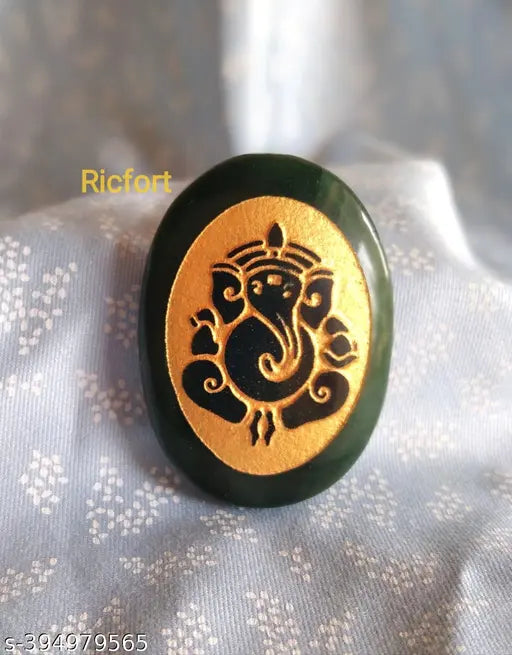 Natural green jade Shri Ganesha coin, oval shape, 2.5x0.7x4cm, made for home, temple, shops, office, India
