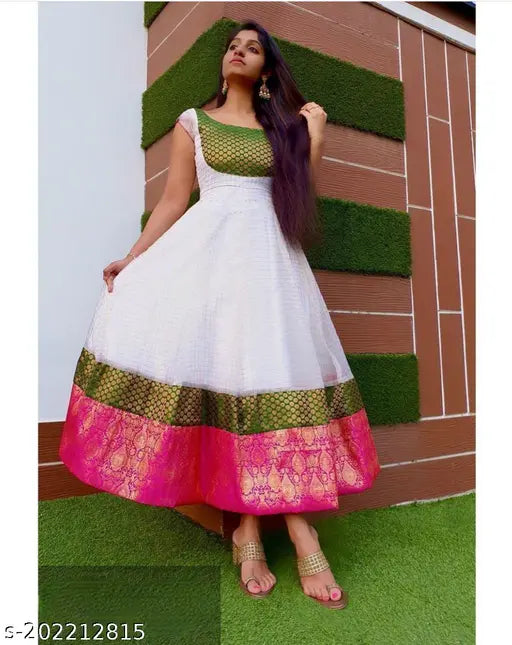 Silk X-lady western gown, short sleeves, zari woven net, tapeta silver chevron jacquard brocade neck, full lining. India-made