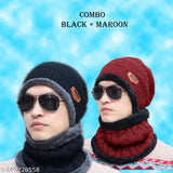 Black & Blue Winter Woolen Beanie Cap with Muffler & Scarf (One Size) - Cozy cold-weather accessory for men and women in a stylish fur pattern
