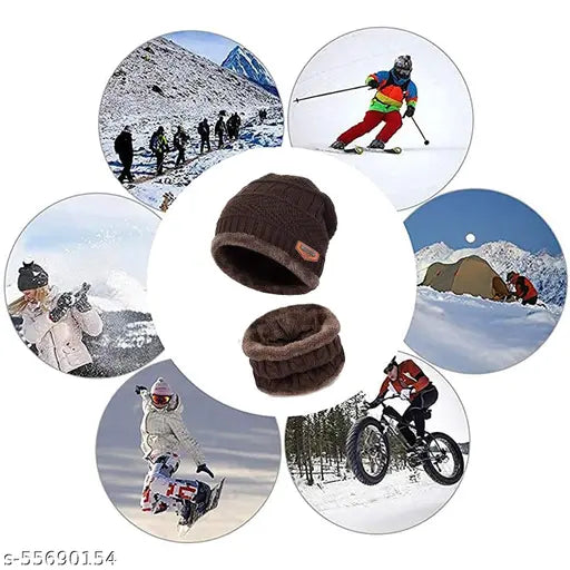 Brown woolen premium quality beanie cap & neck warmer set for men, women, girl, boy. Soft fur, snow-proof, self-design. Warm and stylish winter accessory from India