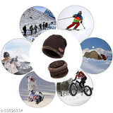 Brown woolen premium quality beanie cap & neck warmer set for men, women, girl, boy. Soft fur, snow-proof, self-design. Warm and stylish winter accessory from India
