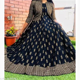 Blue printed rayon kurti, Indian winter wear, traditional Anarkali-style