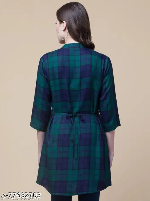 Green and Blue Checked Rayon Tunic for Women, three-quarter sleeves, mandarin collar, regular fit