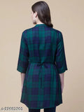 Green and Blue Checked Rayon Tunic for Women, three-quarter sleeves, mandarin collar, regular fit