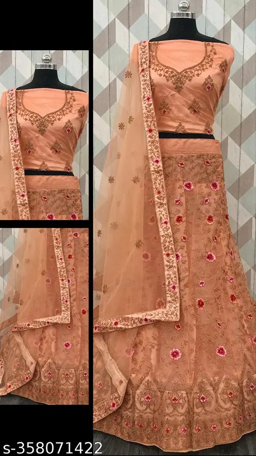 Embroidered net lehenga set with blouse and dupatta, semi-stitched (waist 43 inches, length 43 inches, dupatta 2.5 inches), Indian ethnic wear for women