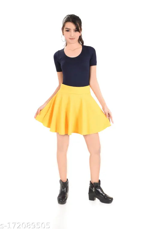 Yellow polyester mini skirt, solid net pattern, various sizes available from 26 to 36 inches waist and 34 to 44 inches hip