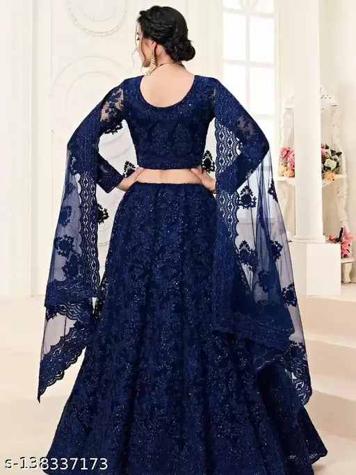 Embellished net choli & dupatta set in nblue, semi-stitched Indian lehenga (42 waist, 44 length) with 2.2 dupatta length - Indian fashion