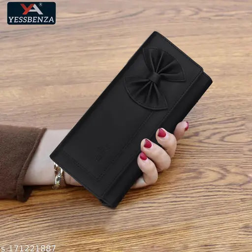 Faux leather two-fold hand wallet clutch, embellished pattern, 6 card slots, free size (L9xW5in), YESSBENZA women's and girls unique trendy accessory