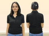 Black cotton blend polo t-shirt, short sleeves, solid design - versatile essential for women & girls