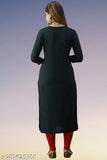 Dark green rayon embroidered kurta with three-quarter sleeves, solid design, Indian origin