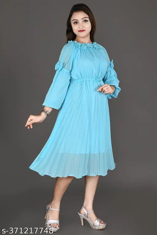 Chiffon long-sleeve frock for girls, 11-12 years, solid pattern, Indian made