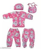 Wool print 5-piece kid's dress with long sleeves, featuring a cap (0-3M, 0-6M, 3-6M), made in India