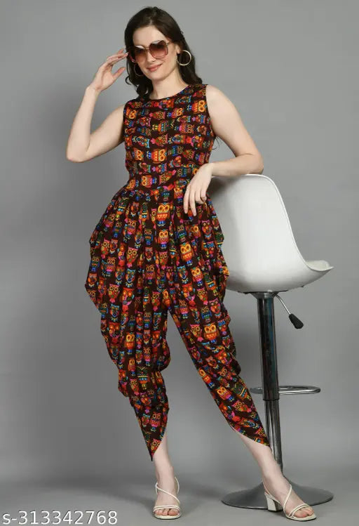 Multicolor crepe jumpsuit with brown owl print, soft and fashionable, perfect for parties, girls and women, made in India