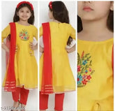 Yellow Chanderi Cotton Kurta Set with Net Dupatta, trendy for parties and weddings, 3/4 sleeves, Indian origin