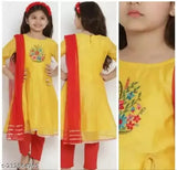 Chanderi cotton yellow kurta set with net dupatta, trendy partywear for kids aged 3-10, embroidered Indian wedding attire
