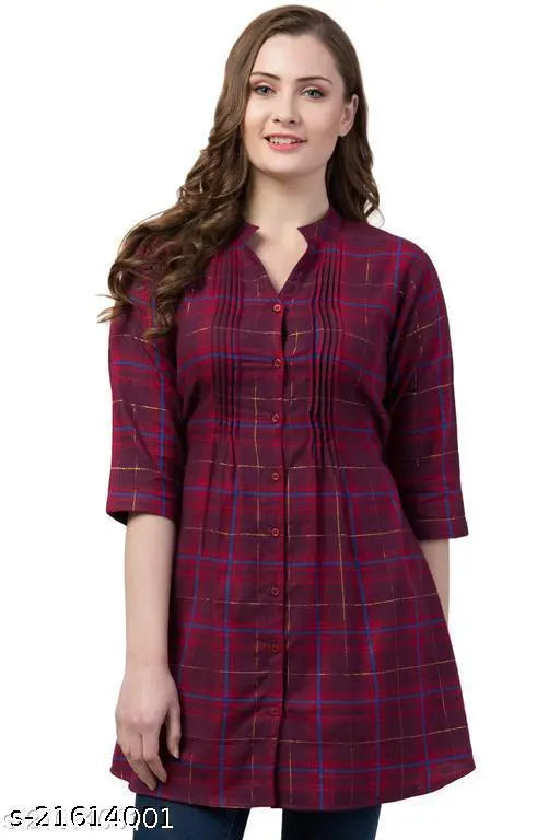 Maroon rayon checked tunic with three-quarter sleeves, XS to XXXL sizes for women