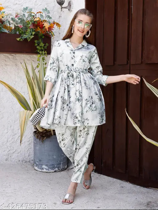 Premium satin, white Collstory Latest Collection 2pc set for women, full inner, digital printed heavy satin on display