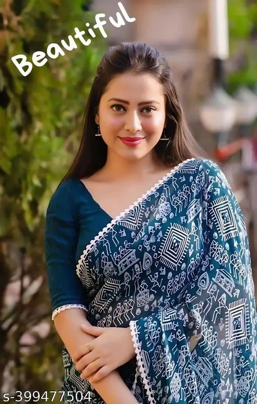 Georgette saree new collection, printed with Indian motifs, free size, daily wear for women