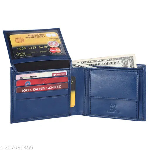 Blue faux leather men's wallet, 8 card slots, RFID protected