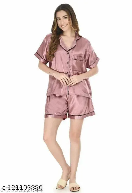 Peach satin short sleeve night suit set with chic collar and pockets, 100% silky fabric for women's bridal lingerie or slumber party gift