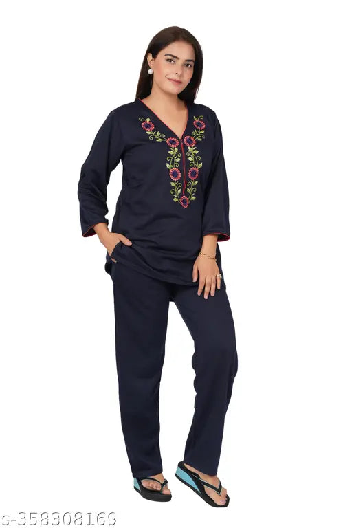Woolen women's fleece nightwear top and pyjama with pocket, embroidered net design, soft and comfortable, ideal for winter nights, India origin
