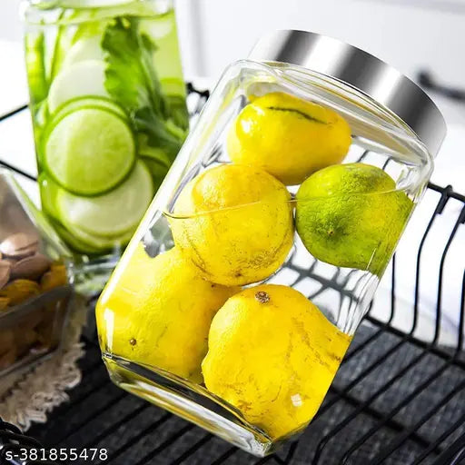 Transparent glass jar set (2pc), ideal for dry fruits, pickles, and kitchen grains storage. Airtight with silver see-through lids