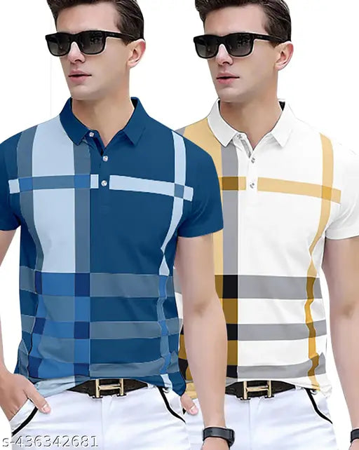 Blue cotton blend checked regular polo t-shirts (pack of 2), men's short sleeves, India origin