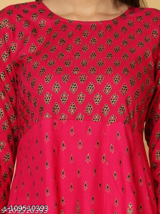 Pink printed rayon anarkali kurta with three-quarter sleeves, festive Indian ethnic wear for women