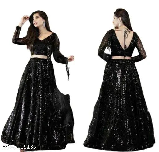 Anrika women's net embroidered semi-stitched lehenga choli and dupatta set - Indian party wear, black embellished net lehenga for women's festive events
