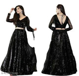 Anrika women's net embroidered semi-stitched lehenga choli and dupatta set - Indian party wear, black embellished net lehenga for women's festive events