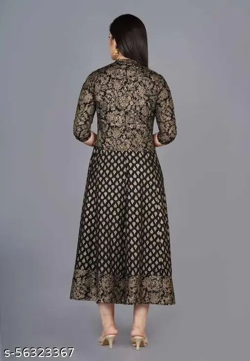 Black printed rayon Anarkali kurti with three-quarter sleeves, Indian women's fashion on mannequin