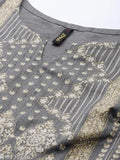 Dark grey poly silk Kurta & Palazzo set for women - printed net design, three-quarter sleeves, India origin