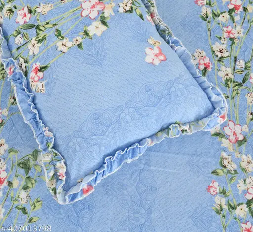 LTF king size cotton floral bedsheet set, includes 2 decorative frill pillow covers & 2 heart-shaped cushion covers with fillers, ideal for summer adult bedroom décor (made in India)
