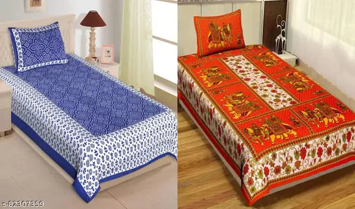 Jaipuri-printed cotton single bed sheet combo pack with 2 pillow covers, ethnic motifs, ideal for summer, adult use