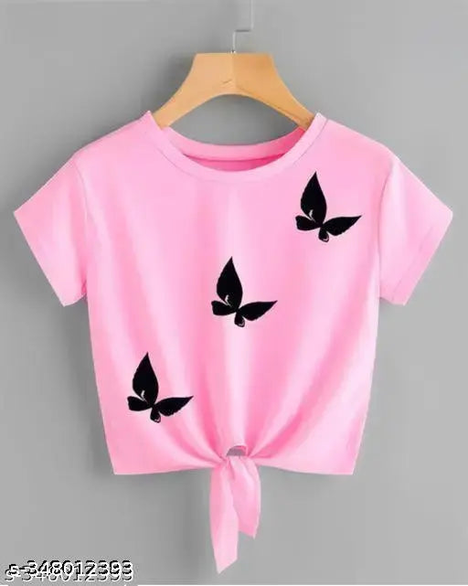 Trendy pink lycra crop top with three butterfly prints, women's short sleeve fashion