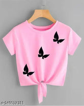 Trendy pink lycra crop top with three butterfly prints, women's short sleeve fashion