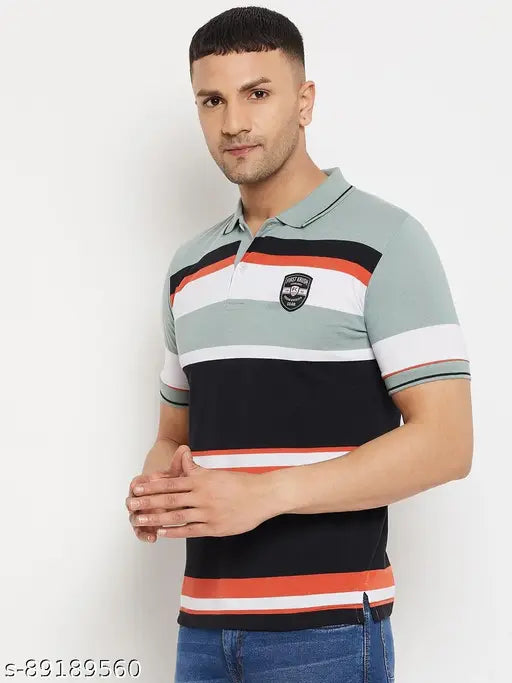 Blue and white colorblocked cotton blend men's polo t-shirt with embroidery, short sleeves, M & XXL sizes, Indian origin