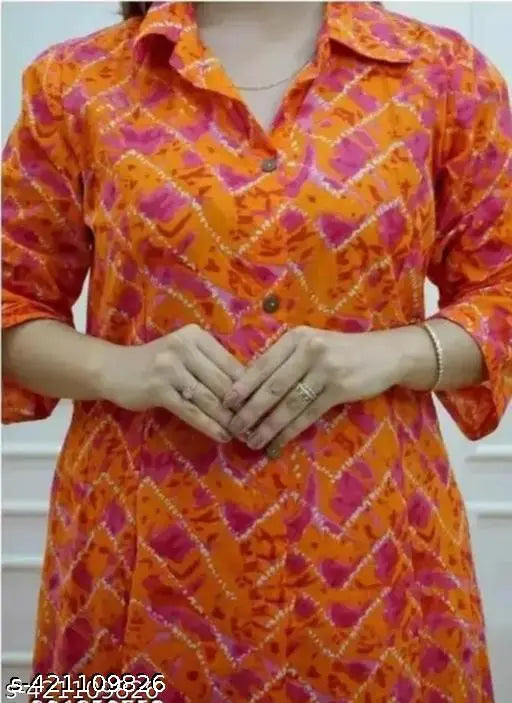 Orange rayon Anarkali ALine printed heavy kurta set for women, three-quarter sleeves with matching rayon pants