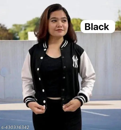 Stylish black fleece printed jacket for women and girls, long-sleeve and XS size (34in bust, 20in length, 34in waist, 36in hip, 12in shoulder)