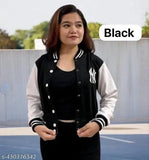 Stylish black fleece printed jacket for women and girls, long-sleeve and XS size (34in bust, 20in length, 34in waist, 36in hip, 12in shoulder)
