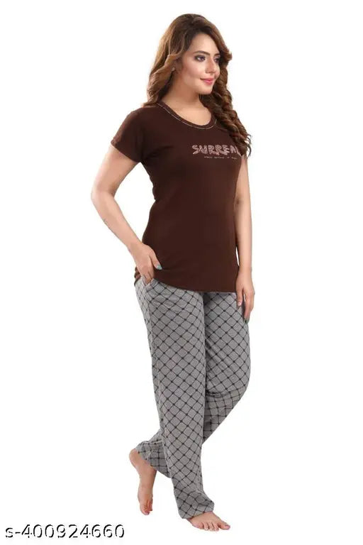 Women's chocolaty hosiery printed half-sleeve T-shirt and capri pajama set, regular fit nightwear top and pants - warm brown cotton pattern