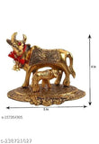 Golden bronze Kamdhenu cow statue with calf, traditional Krishna idol for home decor, 11cm high