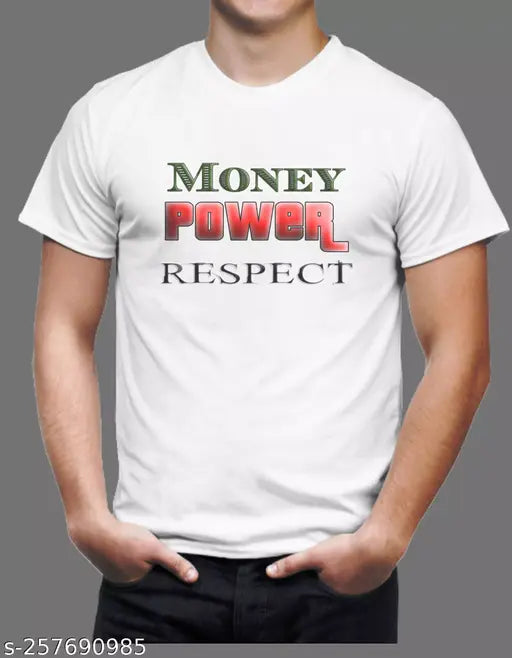 White striped men's polyester t-shirt with printed quote, short sleeves, made in India