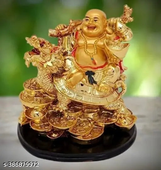 Gold polyresin Laughing Buddha on dragon, 10x13x8cm home & office decor showpiece from India