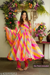 Stunning multi-colored georgette fit and flared gown/dress with tassel, digital Leheriya print, round neck, full sleeve. Unique traditional Indian attire with contemporary touch. Perfect for festive, casual, or evening wear. Country of origin: India