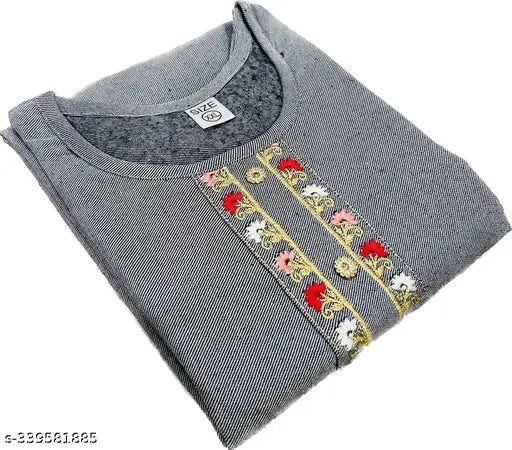 New wool embroidered kurti, solid combo, three-quarter sleeves. Handcrafted Indian woolen embroidered kurti for women and girls." (124 characters)
