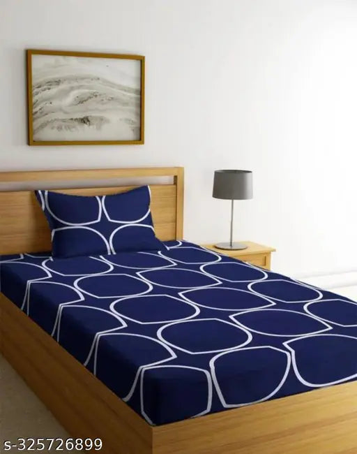 Navy Blue Fitted Cotton Bedsheets - Superfine Double King Size, Geometric Pattern, CAMFOT HOME on bed display