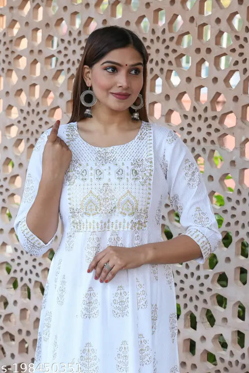 Rayon sequinned Anarkali kurti, gold-printed white women's party wear with embroidery detail