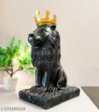 Black polyresin royal king lion figurine with crown, home decorative showpiece (28 cm)