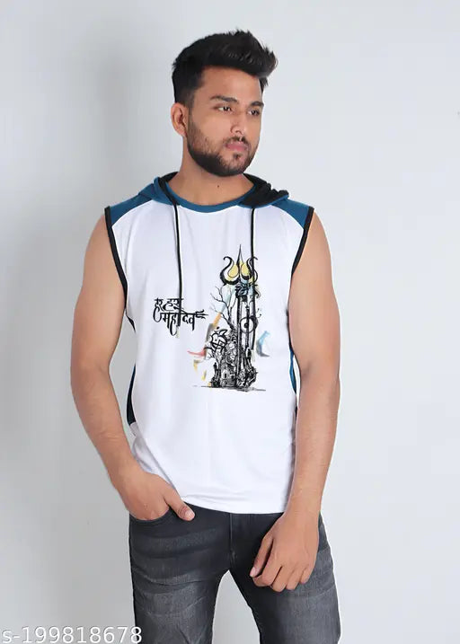 Polycotton Shiv Trishul round neck t-shirt, sleeveless, printed design - Indian clothing for all seasons